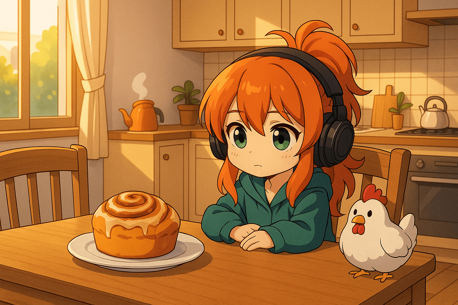 Chibi Synthia With Charm (The Chicken) resisting a cinnamon bun Chibi Synthia With Charm (The Chicken) resisting a cinnamon bun