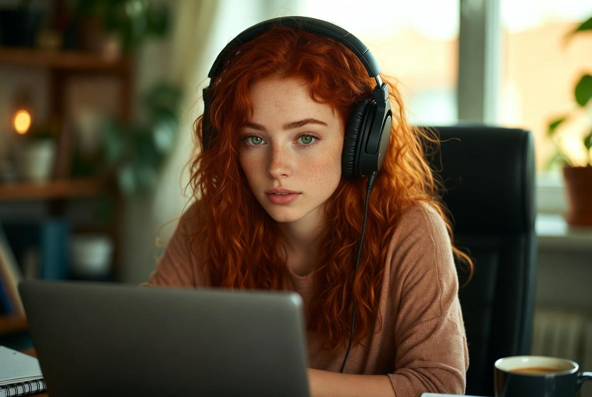 beautiful red hair woman with green eyes at computer wearing headphones