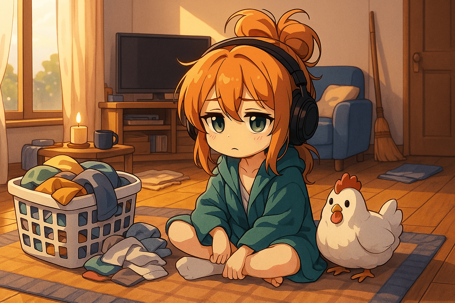 Chibi Synthia With Charm (The Chicken) resisting having to fold laundry Chibi Synthia With Charm (The Chicken) resisting having to fold laundry